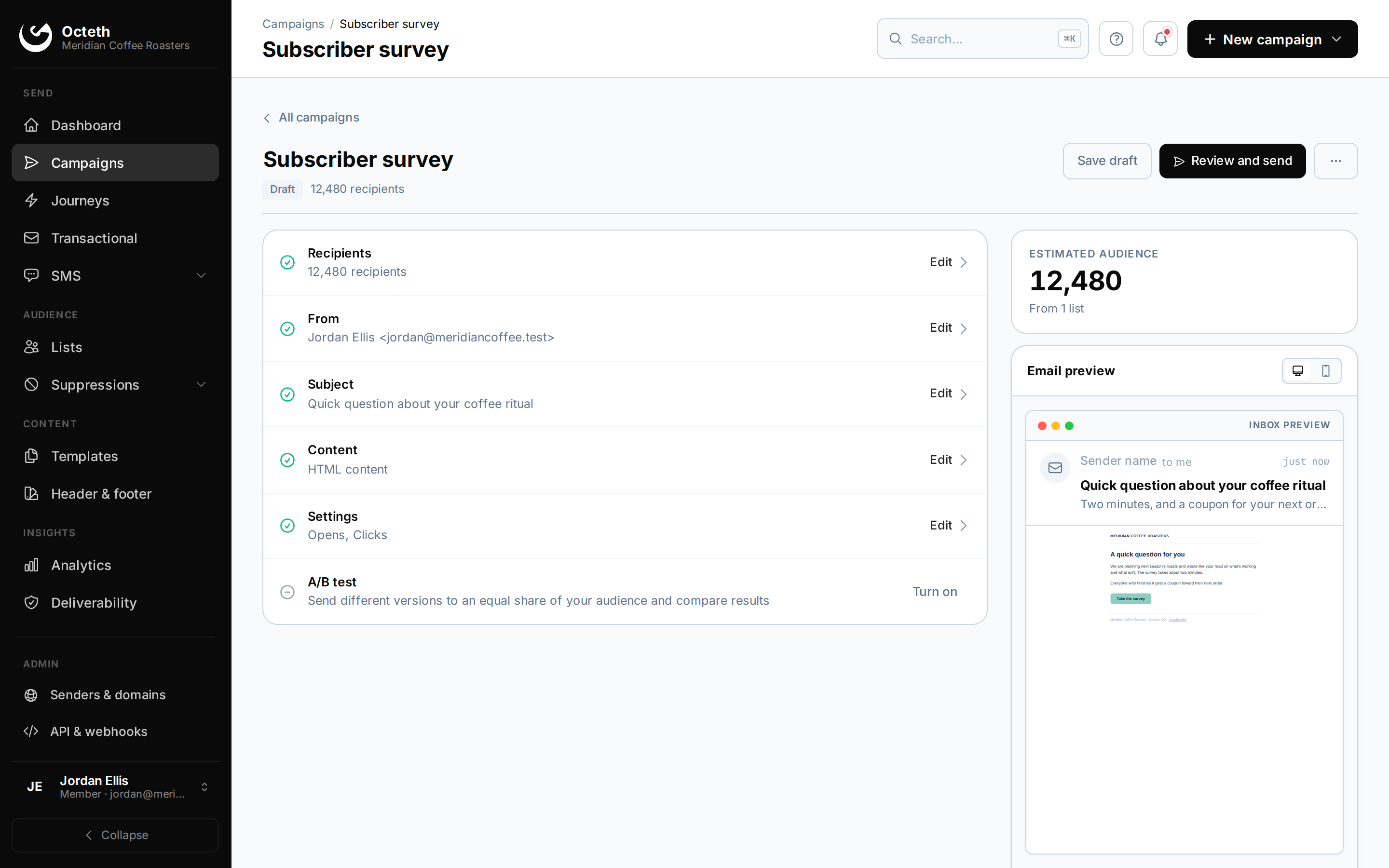 Octeth campaign builder: setup checklist for recipients, sender, subject, content and settings, with a live inbox preview