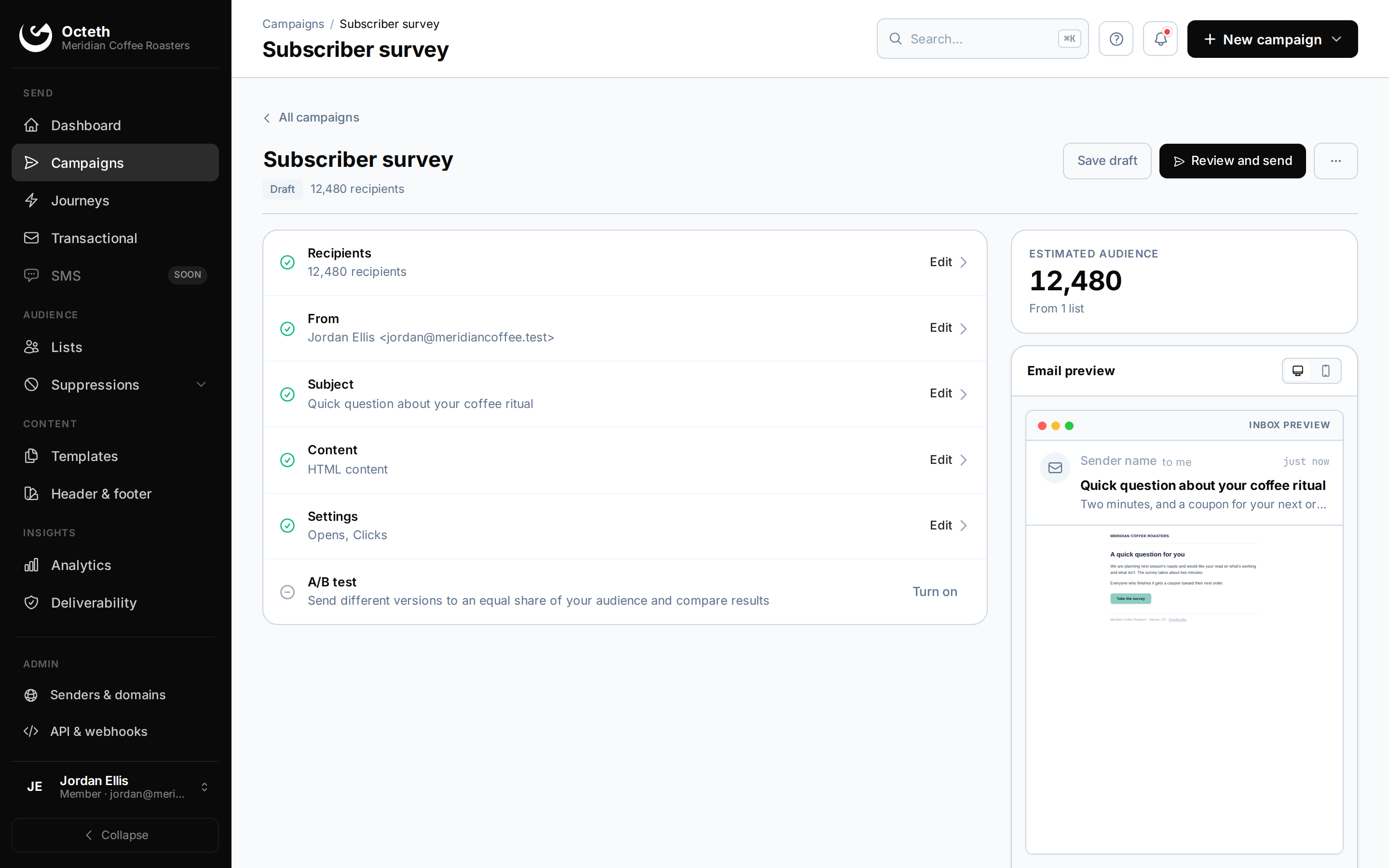 Octeth campaign builder: setup checklist for recipients, sender, subject, content and settings, with a live inbox preview