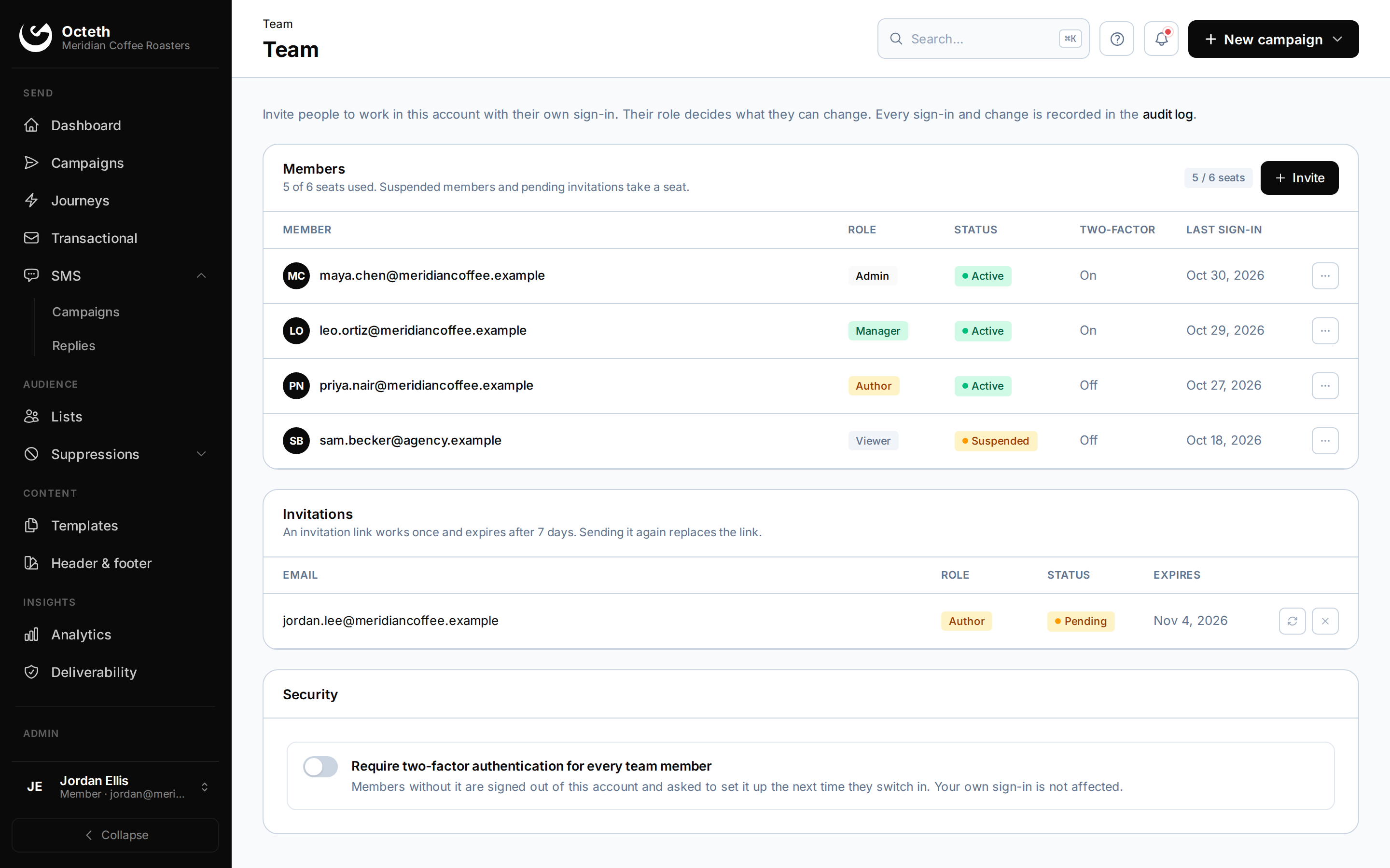Octeth Team page: team members with their roles, two-factor status and last sign-in, plus a pending invitation, against the account's seat limit